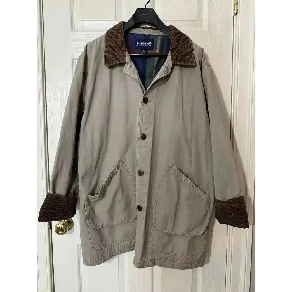 VTG Land's End Mens Chore Coat XLT Barn Jacket Field Corduroy Collar Plaid Lined - Picture 13 of 16